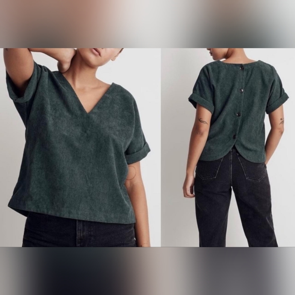 Madewell Deep Green Corduroy Renata V-Neck Boxy Top - Size M